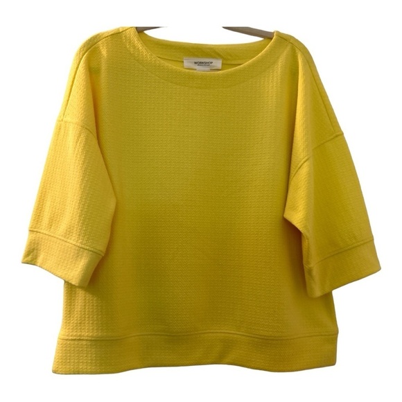 WORKSHOP knit top, sunny yellow, waffle knit pullover,, drop sleeves, boxy. - Picture 8 of 8